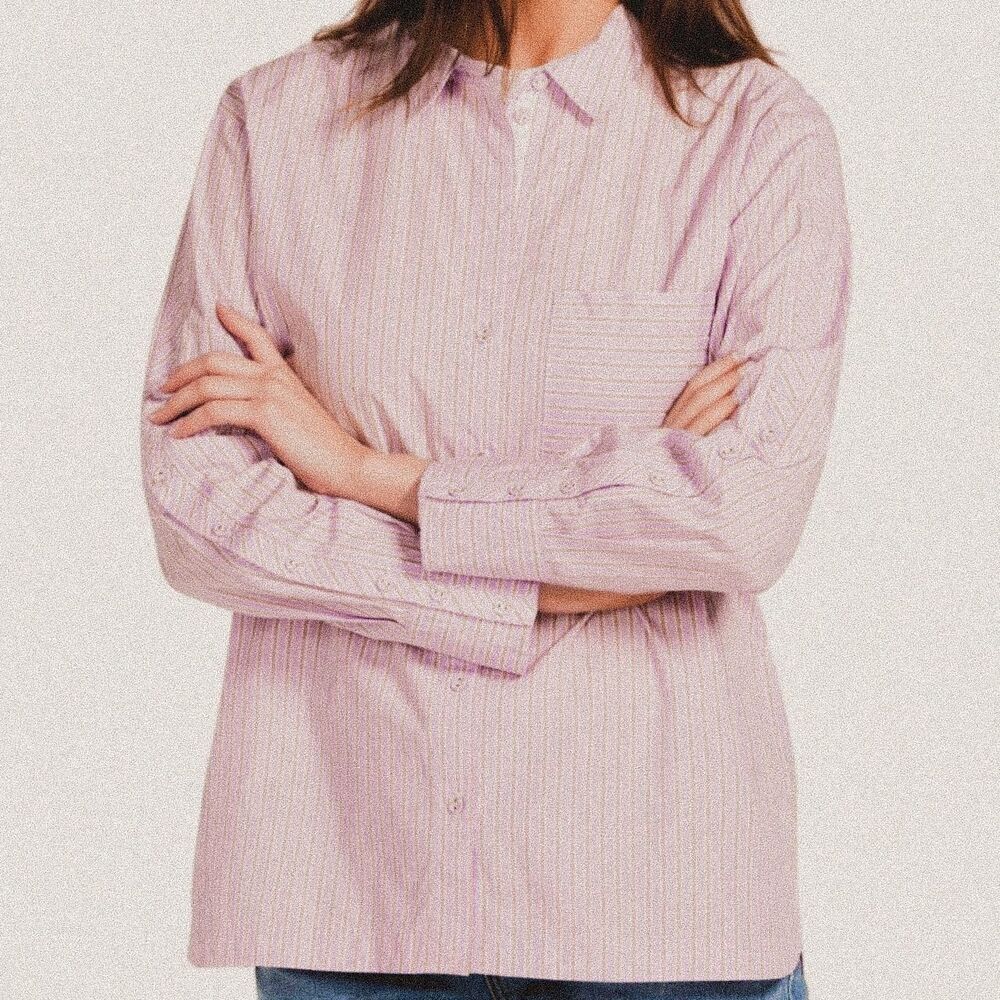 Johnny Was Giana Purple + White Pinstripe Relaxed Button Shirt – Boho Luxe Sz M